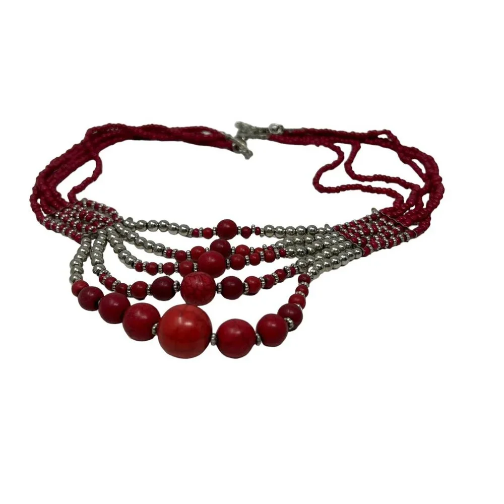 Cleopatra Choker Red‎ Silver Tone Beaded Statement Necklace